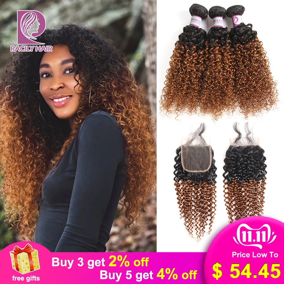 Billige Racily Haar Ombre Brasilianische Verworrene Lockige Bundles Mit Verschluss Remy Menschenhaar 3 4 Bundles Mit Verschluss 1B 30 Bundles mit Verschluss