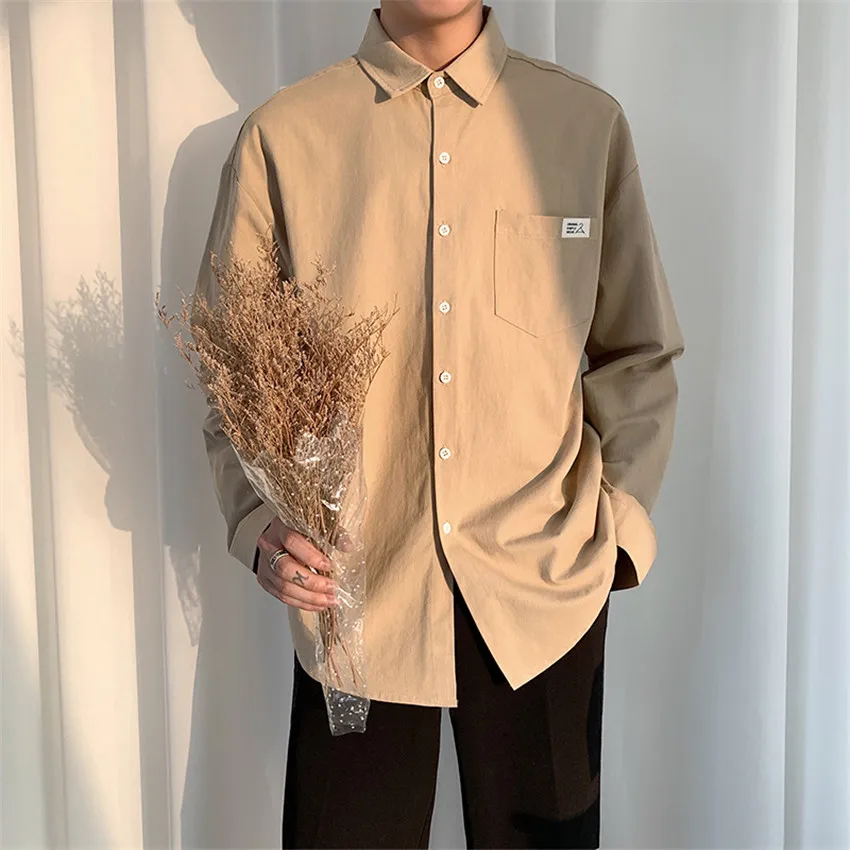 

Men Shirt Harajuku Spring New Camisa Masculina Lapel Loose Casual Trendy MAGGIE'S WALKER Korean Solid Color Long Sleeve 2020