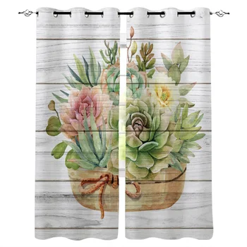 

Succulents Small Fresh Planks Window Curtains Living Room Kitchen Curtains for Bedroom Left and Right Biparting Open Curtains