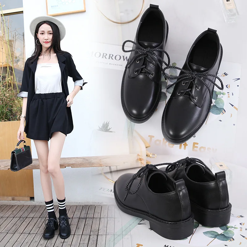 

Black And White with Pattern Small Leather Shoes Women's 2020 Spring New Style Online Celebrity England College Style Flat Low H