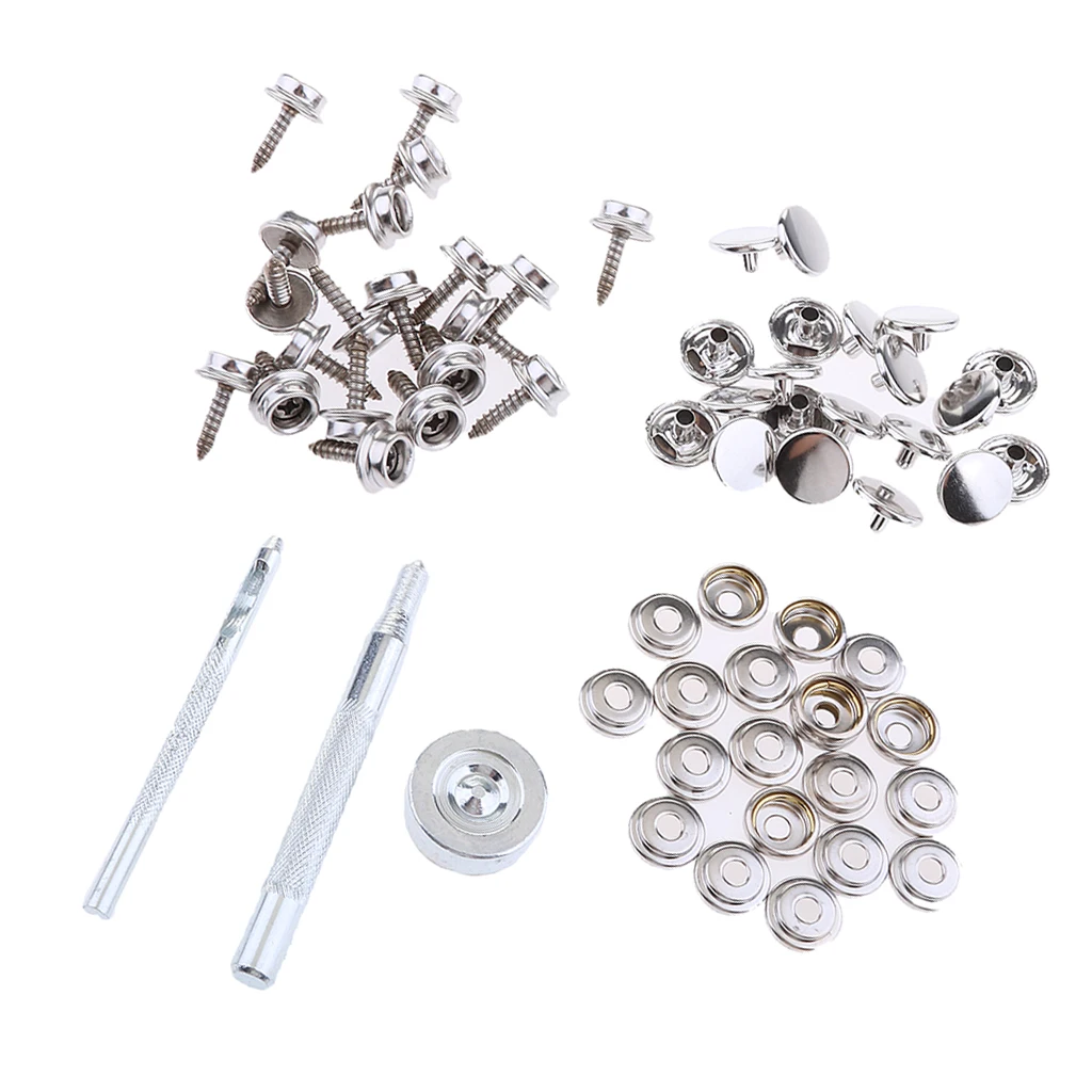 63pcs Marine Boat Stainless Steel Canvas Snap Cover Fastener 15mm Screw Studs Repair Kit w/ Installation Tool