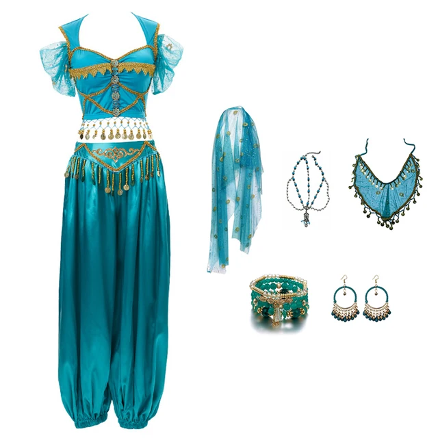 Festival Arabian Princess Costumes Indian Dance Embroider Bollywood Jasmine Costume Party Cosplay Jasmine Princess Fancy Outfit Blue 1 - 7pcs Set