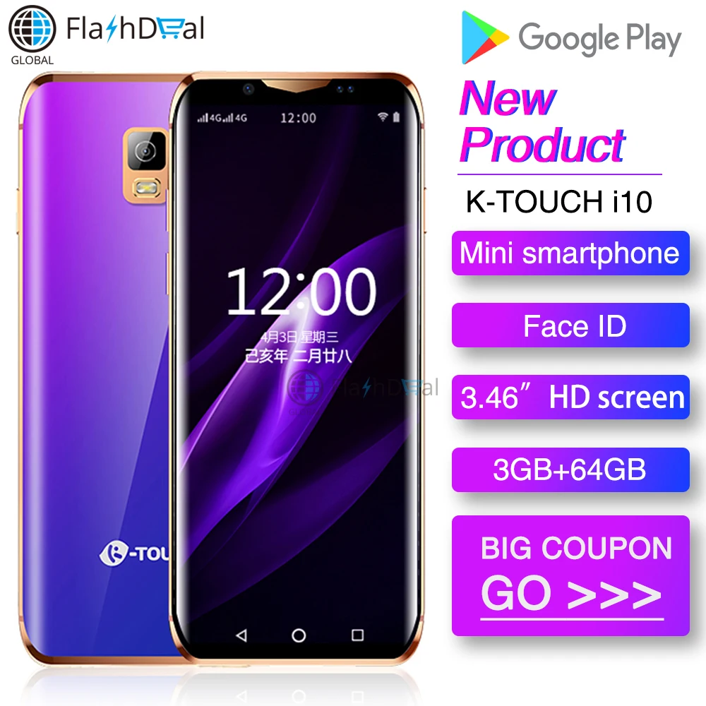 Mini Smartphone K-Touch i10 Quad Core 3GB 64GB 3.46Inch 6D Curved Glass Screen Android 8.1 Face ID WIFI Smallest 4G Smartphone