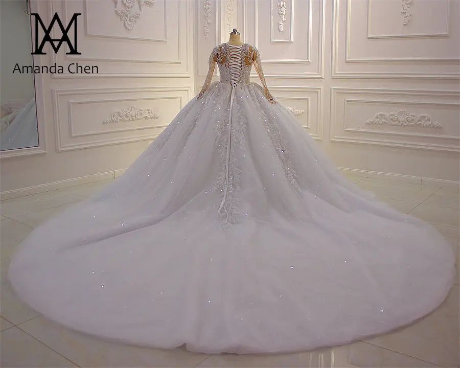 Vestido de novia princesa/кружевное платье с длинными рукавами, аппликация со стразами и кристаллами, белоснежная свадебная одежда