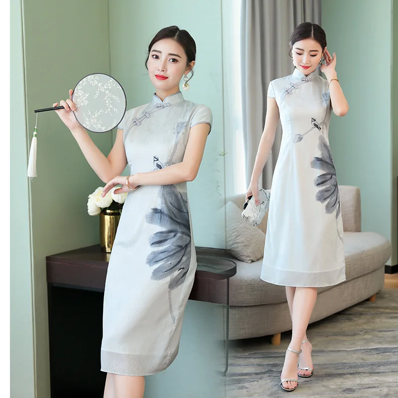 Лето женское Ретро ежедневное улучшение Cheongsam шелковое платье с коротким рукавом стоячий воротник Qipao платья
