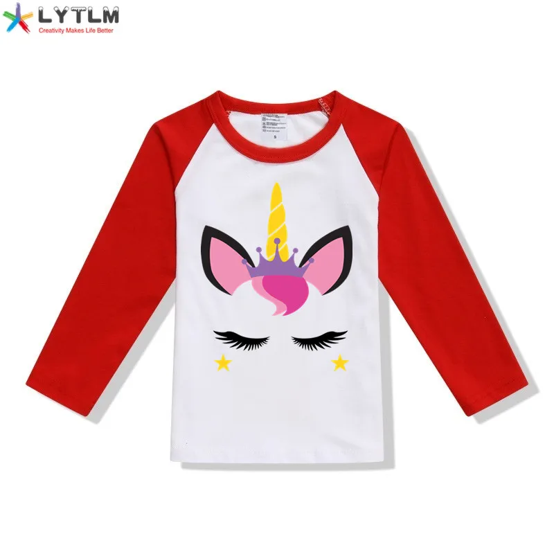 LYTLM футболка для маленьких девочек зимняя одежда для новорожденных девочек детская футболка Осенние Топы с длинными рукавами для девочек, Размер 10, Camiseta, единорог - Цвет: CX Raglan Red