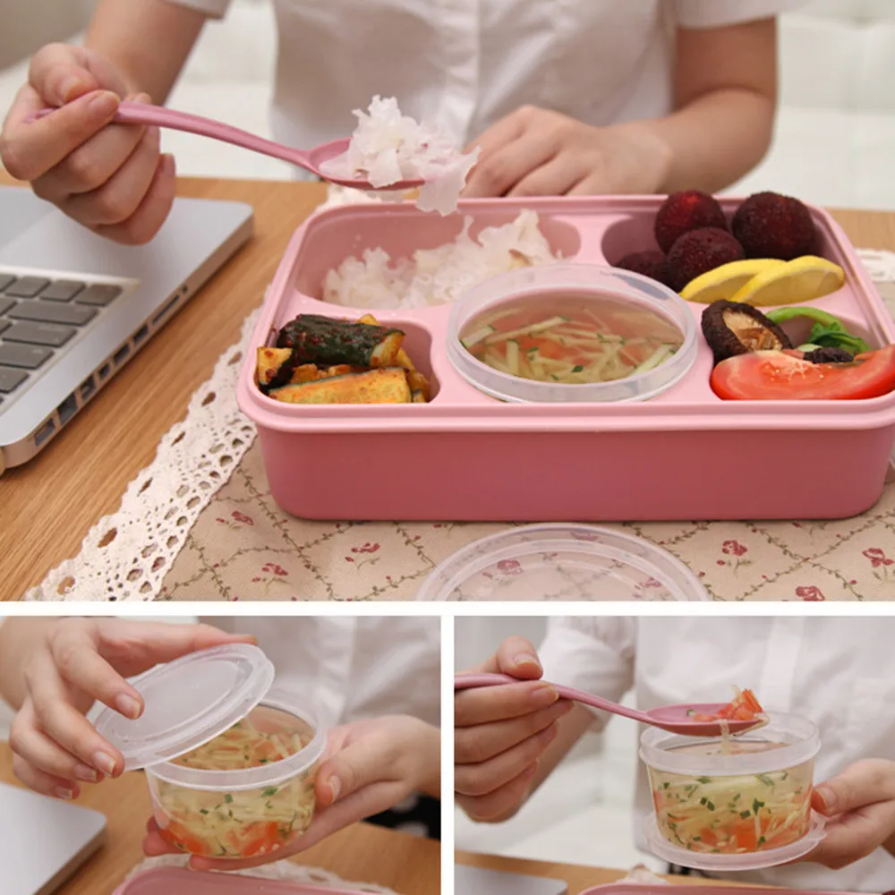 Plastic Five-In-One Insulated Lunch Box Picnic With Spoon Heat-Resistant Lunch Box Fruit Storage Box Tableware Supplies#YL10