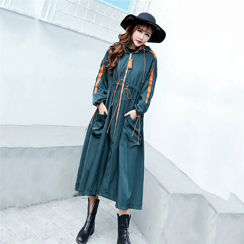 2020 new Chic Long Trench Coats Women's Spring Autumn Hooded Coat fashion Korean Long Sleeve Waisted Windbreaker Outerwear g162