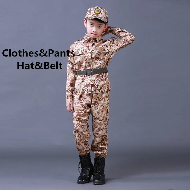 Khaki set Hat Belt Детская армейская Военная униформа, одежда для солдат для мальчиков, Детская тренировочная камуфляжная длинная куртка+ штаны+ шляпа+ пояс, комплект армейской одежды - Цвет: Khaki set Hat Belt