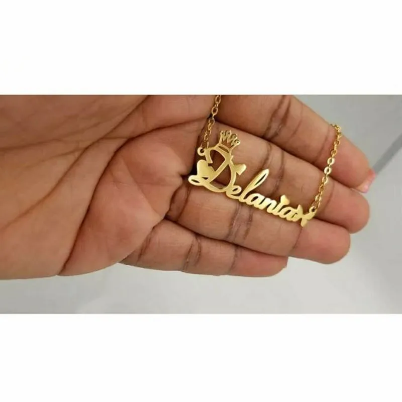 

Personalized Crown Heart Name Necklaces Stainless Steel Chain Custom Nameplate Necklace
