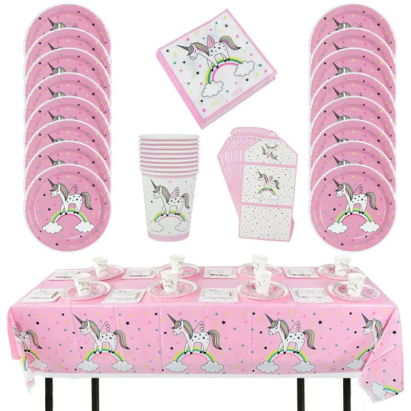 Unicorn Decor Kids Baby Shower Birthday Party  Disposable Tableware Set Paper Plate Cups Tablecloth Wedding Decoration Supplies