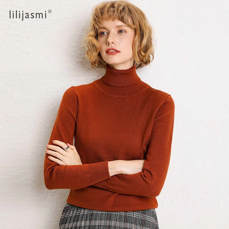 Женский пуловер с отложным воротником, свитер, эластичная базовая модель, зимний Однотонный женский джемпер с высоким эластичным покрытием из пряжи#916