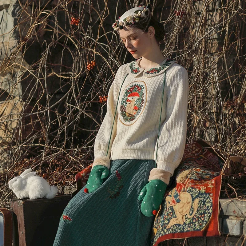 Женский вязаный пуловер LYNETTE'S в китайском стиле с вышивкой виде грибов