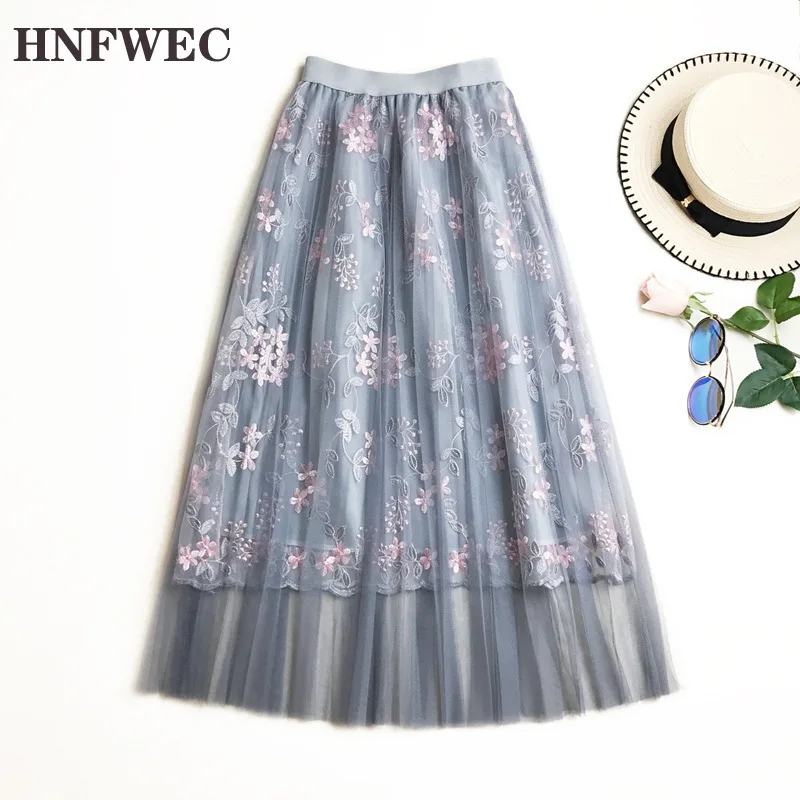 Long Mesh Skirt Pleated New Summer Sweet Fairy A-Line Skirts Floral Embroidery Tulle Midi Saias Faldas Jupe Femme V172 | Женская одежда