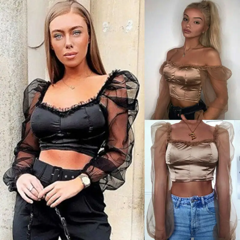UK Women Cropped Tops Sheer Tee Casual T-shirts Mesh Puff Sleeve Blouse Slim Fit