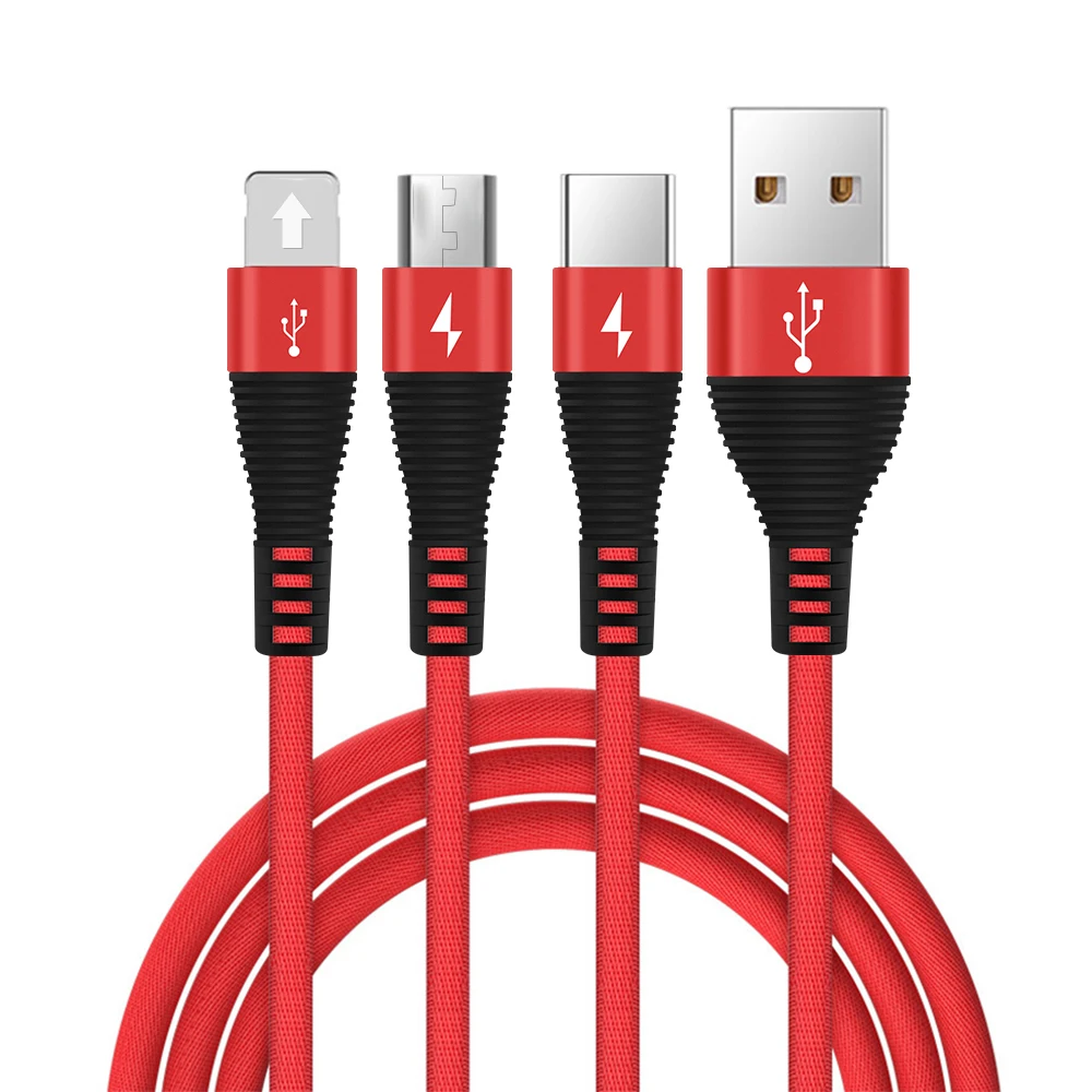 Red 1.2M 3 in 1 USB Cable For iPhone 8 7 6 11 Micro Type C USB Cable For Samsung S7 S8 Mobile Phone USB Charging For Xiaomi Redmi - Color: Red