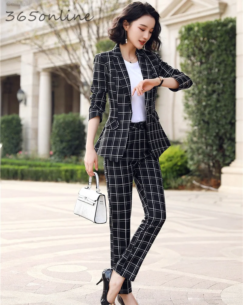 

2020 Spring Autumn Fashion Plaid Formal OL Styles Women Business Suits with 2 Piece Set Pants and Jackets Coat Ladies Blazers
