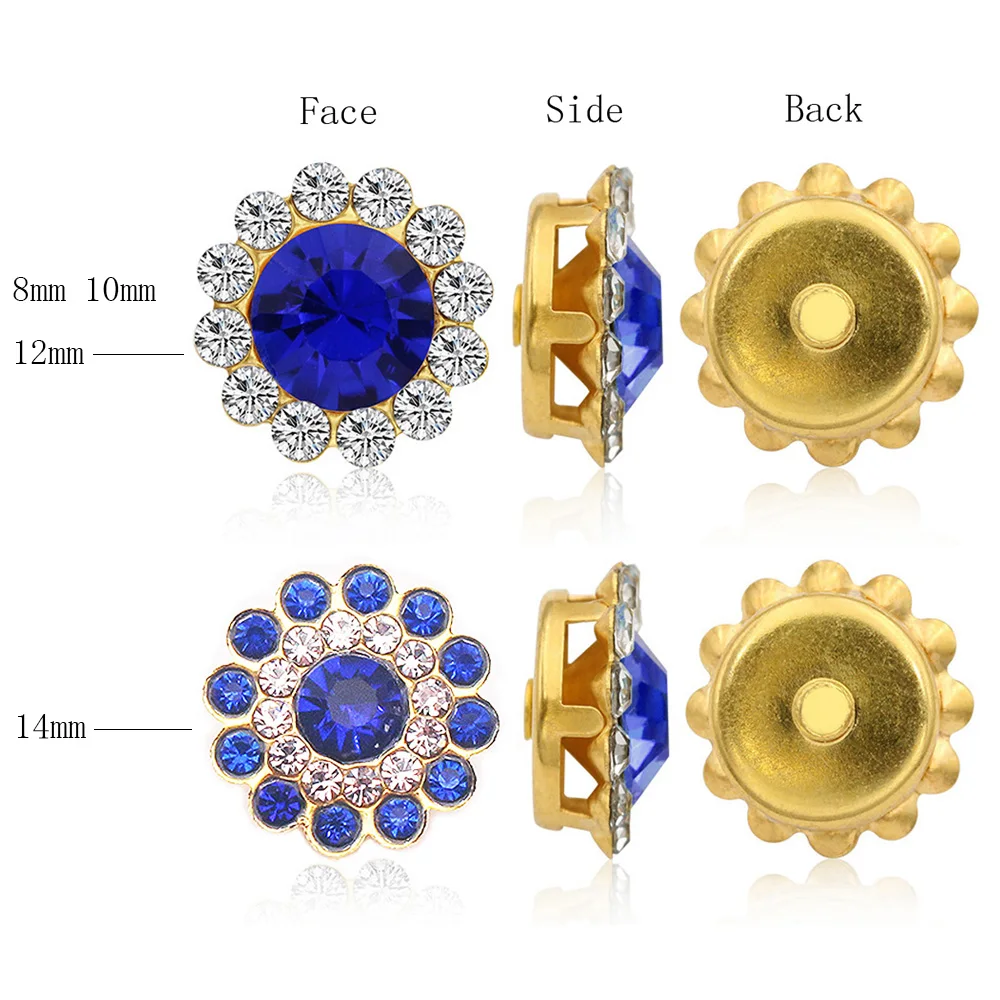 8mm-14mm Sun Flower Lace Claw Rhinestones Gold Cup Base Glitter Crystals Stones Sewing Rhinestones for Needlework Glass Button