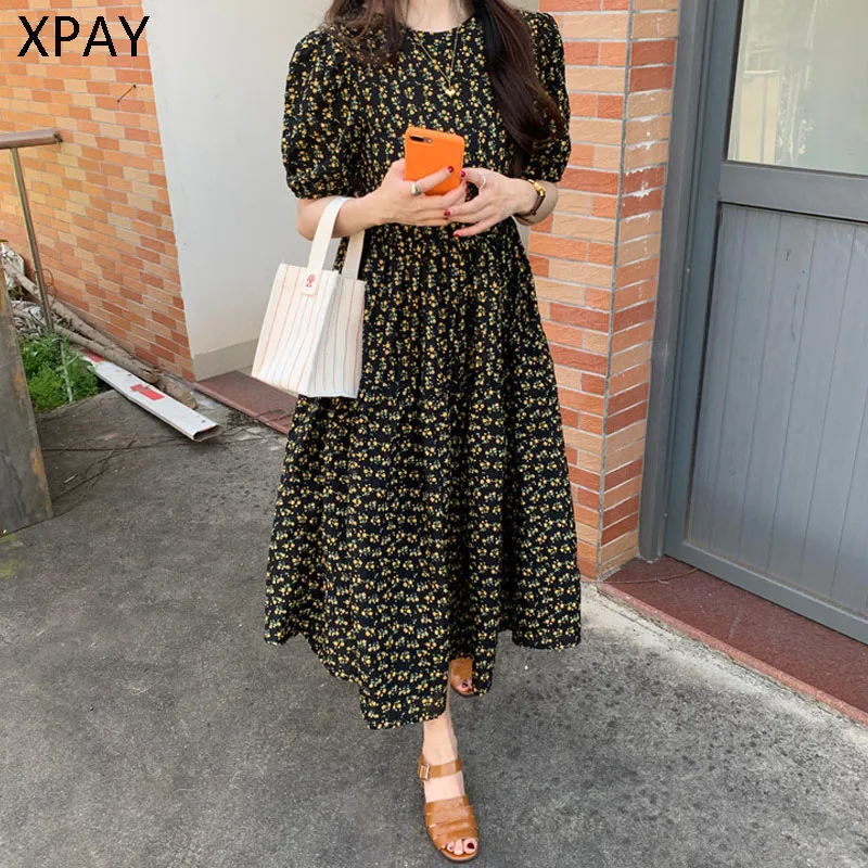 

Vintage New Brief Hot Summer Dresses Chic Streetwear All Match Retro Florals 2020 Puff Sleeves Loose Sweet Women