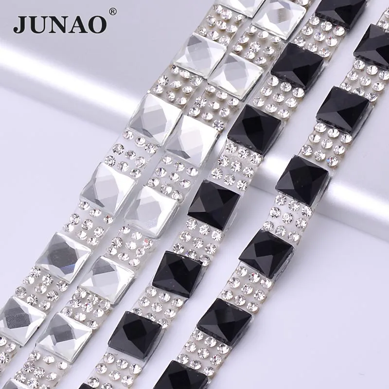 JUNAO-5-Yard-8mm-Hotfix-Clear-Black-Square-Rhinestones-Fabric-Chain-Glass-Mesh-Trim-Crystal-Appliques