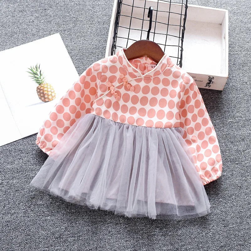Baby Dress New Autumn Infant Chinese Girls Polka Dot Long-sleeved Mesh Cheongsam | Детская одежда и обувь