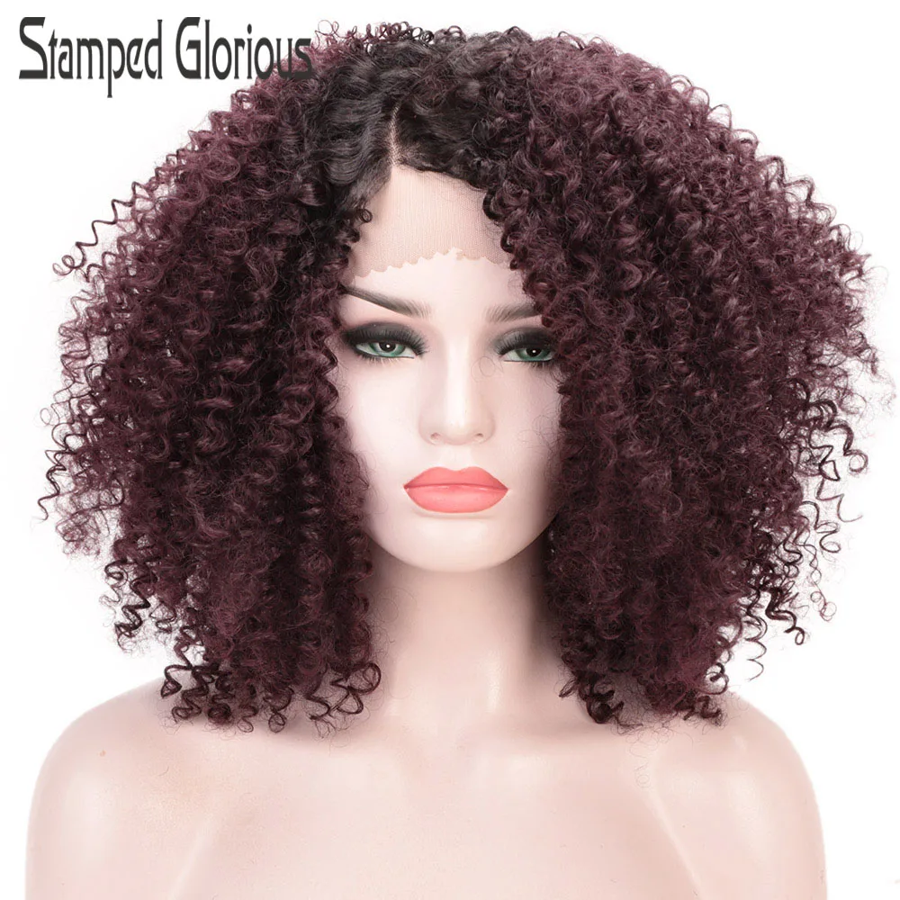 

Stamped Glorious Kinky Curly Wig Synthetic Lace Front Wig Ombrm Red Wigs for Black Women Natural Hairline High Temperature Hair