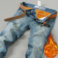 Men's Autumn Winter Thermal Warm Flannel Stretch Jeans Quality Famous Fleece Pants Men Straight Flocking Trousers Jean Male 2