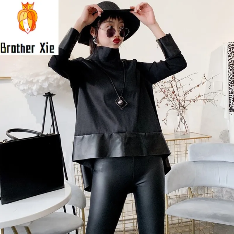 

Autumn New Women Chiffon Patchwork Sheepskin Genuine Leather Outerwear Tops Loose Fit Turtleneck Jacket Irregular Casual Coats