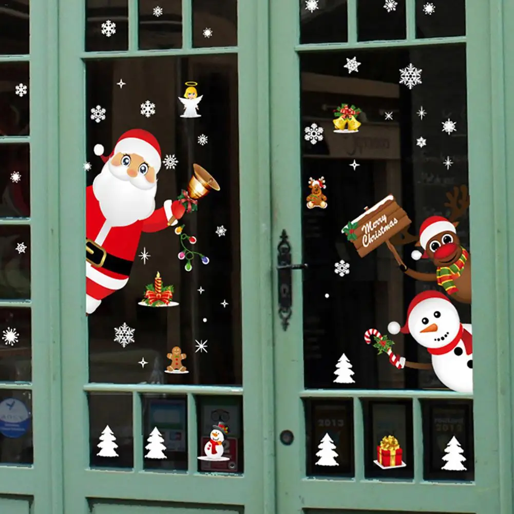 Новогодние наклейки на окно веселый год мультфильм Снежинка Санта Клаус лося наклейки украшение дома торговый центр съемные наклейки на стену