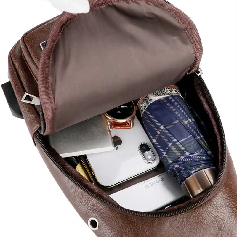 Men Teen Chest Pack Leather Sling Shoulder Bag Boys Portable USB Charging Phone Crossbody Bag Fashion Handbag Bolsa Deporte