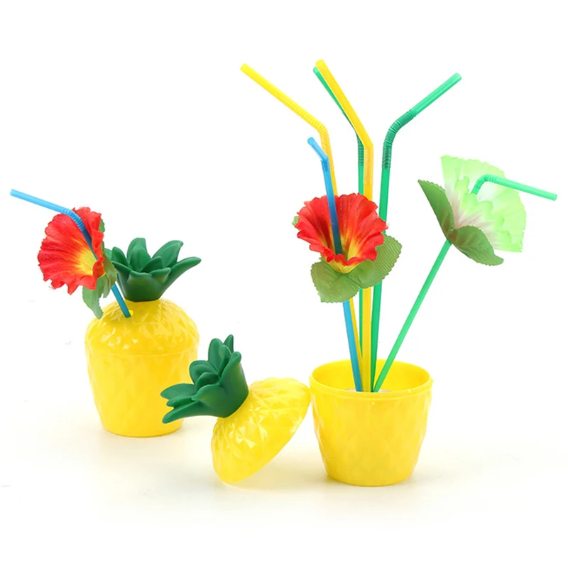 ABSS-12Pcs/лот ананас кокосовые чашки машина для упаковки сока в пакетики в виде фруктов вечерние питьевые чашки с цветочными соломинками для Гавайских Луау Летний пляж Pa