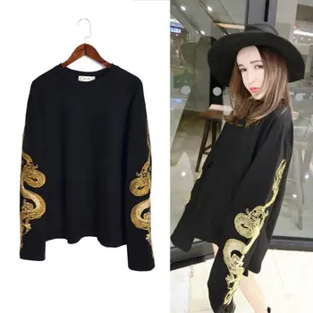 

Dragon Embroidered Pullover Sweatshirt Autumn Long Sleeve Loose Top Women Men