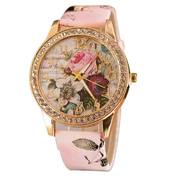 

Fashionable personality Women Luxury Rhinestone Inlaid Flower Round Dial Faux Leather Band Quartz Wrist Watch Ladies Gift Ladie