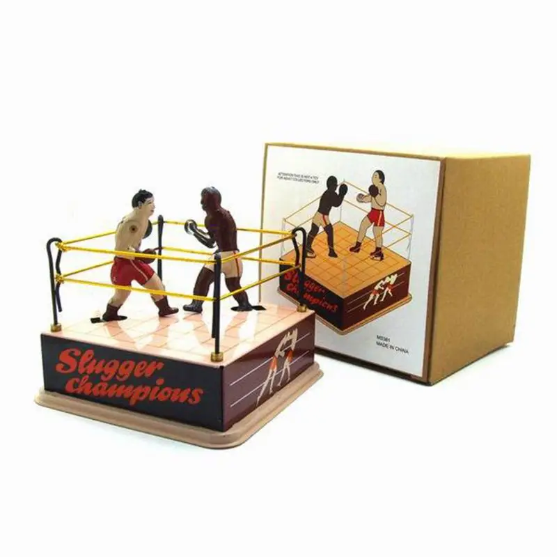 Vintage Style Tin Toy Boxing Ring Wrestling Boxers with Wind-Up Key Retro Gift
