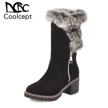 

Coolcept Mid Calf Boots For Women Zipper Round Toe Solid Color Square Heels Shoes Winter Warm Fur Women Footwear Size 34-43
