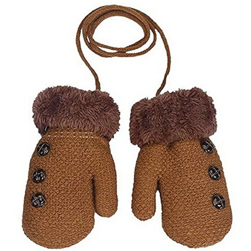 Зимние вязаные перчатки для мальчиков и девочек, теплые перчатки на веревочке, перчатки для детей, детские перчатки на шее