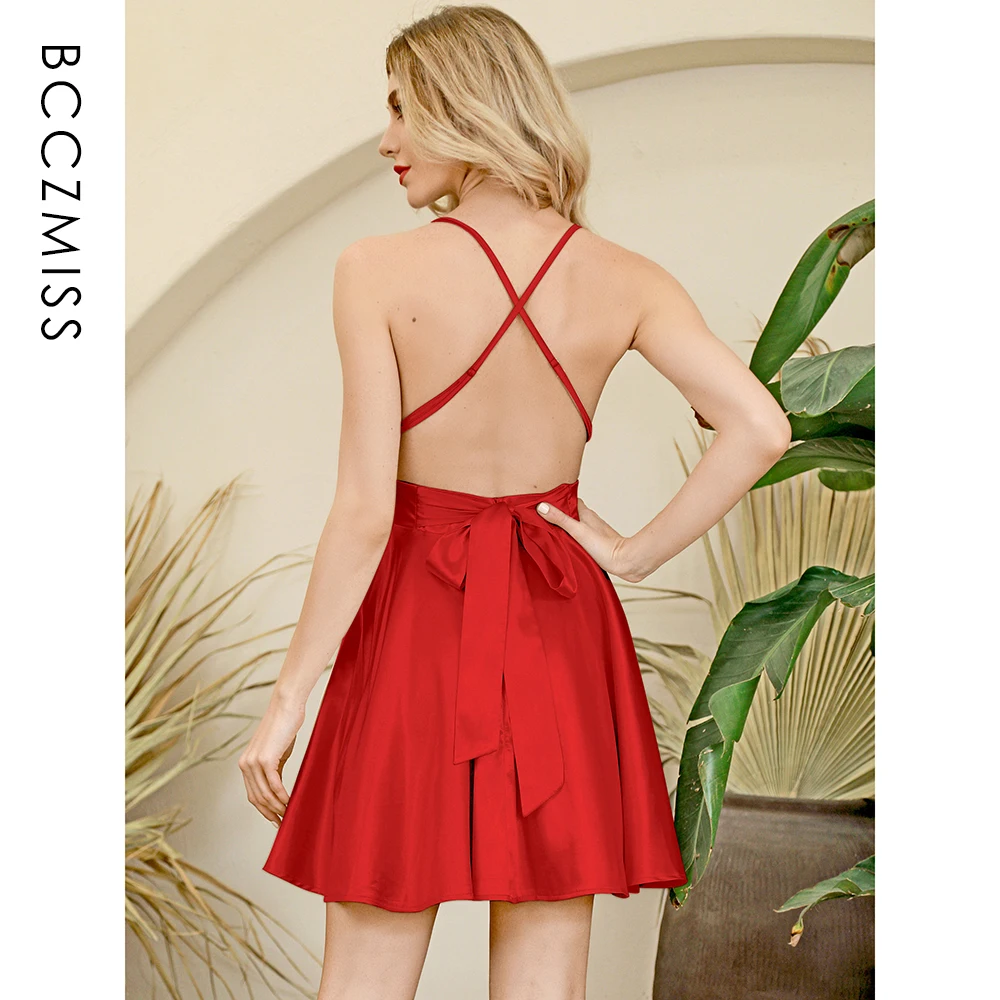 

BCCZMISS Sexy Women Dress Red Deep V-Neck Open Back Beauty Cross Sleeveless Party Sweet Lady Mini Sundress Bow Decoration