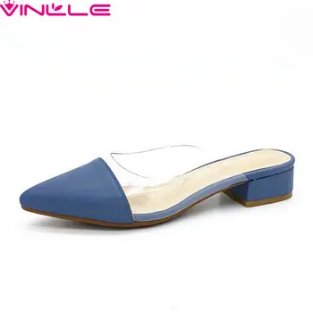 

VINLLE 2020 Square Low Heel Sandals Sexy Pointed Toe Slingback Women Pumps Summer PU Leather All Match Ladies Shoes Size 34-43