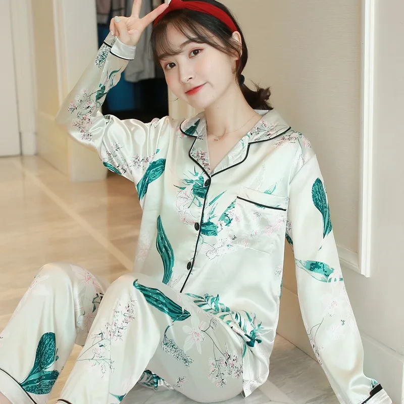 

[Jun xin] Autumn Long Sleeve Imitated Silk Fabric Cardigan Pajamas WOMEN'S Suit Tracksuit 504 # M -Xxl