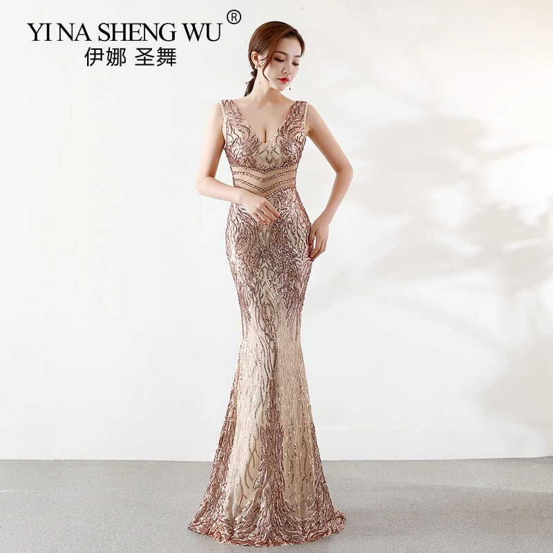Slim sexy V-neck  formal banquet party dress new sequins mermaid dress Women birthday gift wife Girlfriend robes soire