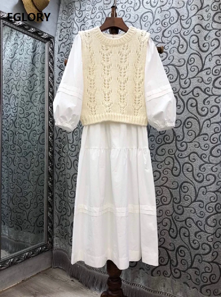 

Top Quality New 2020 Autumn Winter Dress Set Women Crochet Knitting Vest Pullovers+Lantern Sleeve White Dark Blue Cotton Dress