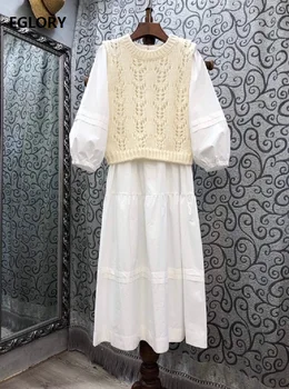 

Top Quality New 2020 Autumn Winter Dress Set Women Crochet Knitting Vest Pullovers+Lantern Sleeve White Dark Blue Cotton Dress