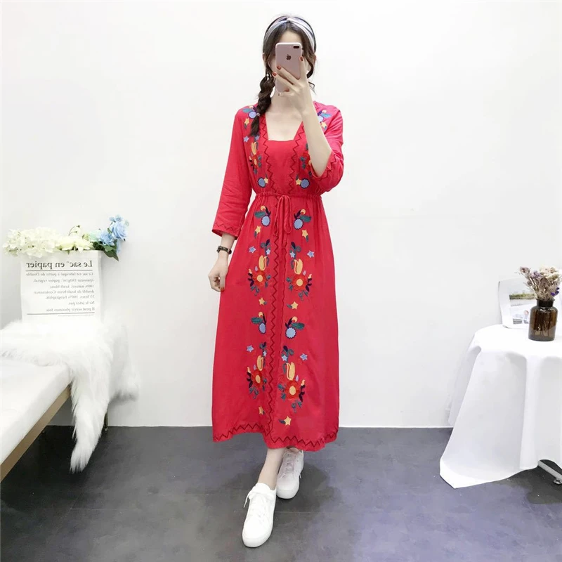 Boho Chic vestidos льняное хлопковое пляжное богемное Платье макси с цветочной вышивкой женское летнее платье с v-образным вырезом