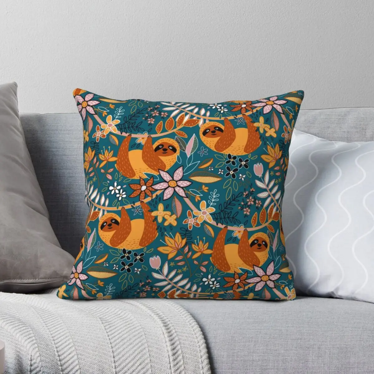 

Happy Boho Sloth Floral Square Pillowcase Polyester Linen Velvet Pattern Zip Decorative Pillow Case Sofa Seater Cushion Cover