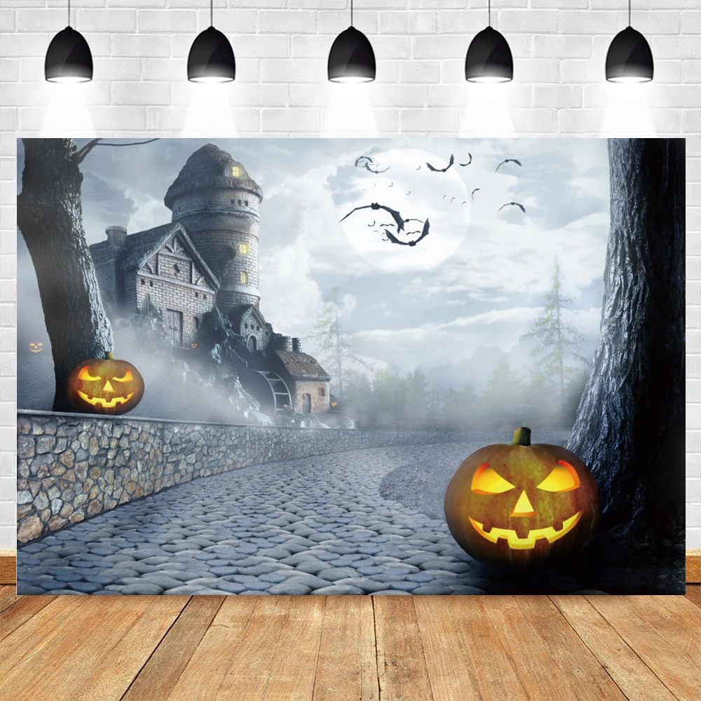 

Yeele Halloween Background Bat Moon Night Castle Stone Road Backdrop Pumpkin Lantern Party Photography Photo Studio Photophone