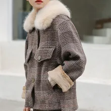 Новинка, зимняя женская одежда, утепленная шерстяная куртка, женские пальто, Корейская версия, короткое свободное шерстяное пальто в клетку, Теплые Топы