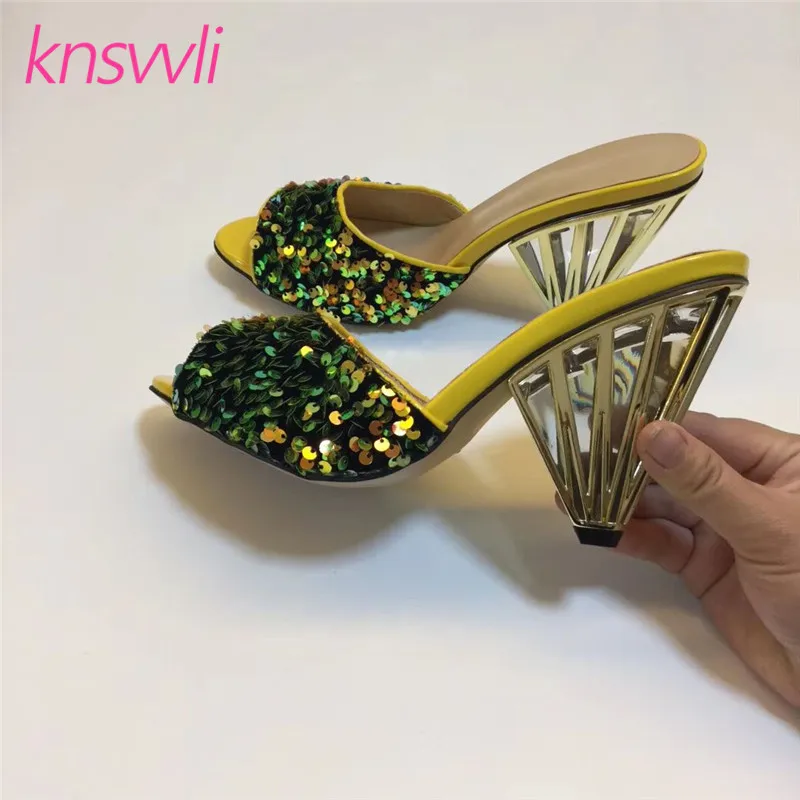 

New Runway Sequins Crystal Spike Heels Slippers Women Summer Shoes Woman Strange Style High Heel Bling Mules Shoes Women