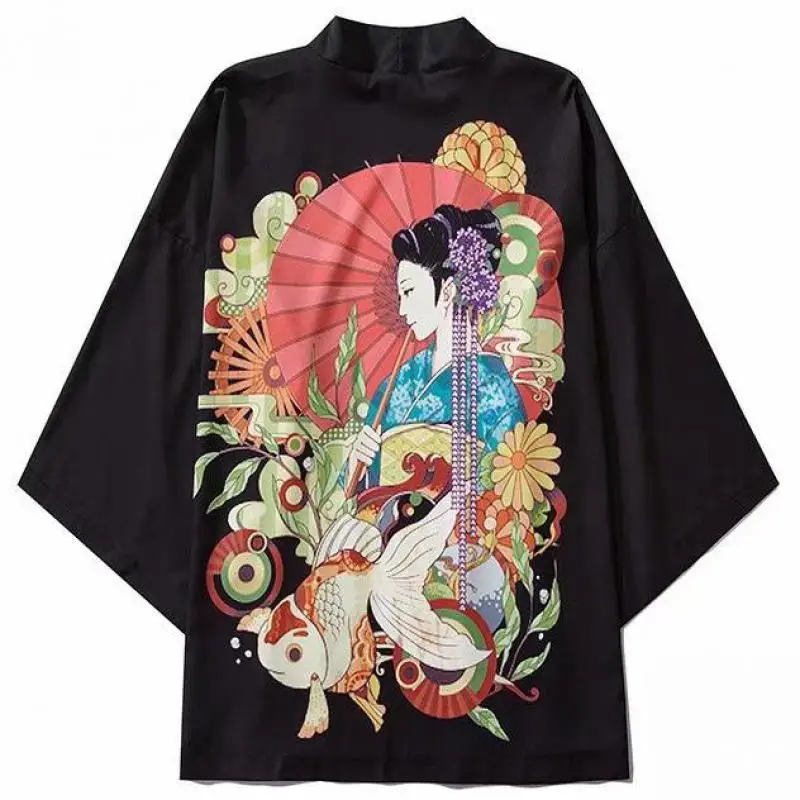 

Thin Harajuku Japanese Style Kimono Cardigan Print Floral Black Men Kimono Gown Oversized Blouse Haori Obi Asian Clothes Samurai