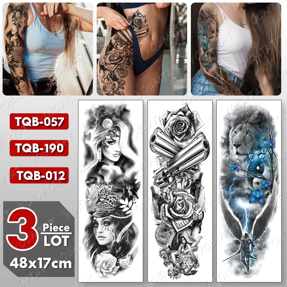 

3 pcs/lot Large Arm Sleeve Tattoo Gun Rose Lion Waterproof Temporary Tatto Sticker Skull Body Art Full Fake Tatoo Women Men
