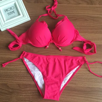 

Bikini Set Swimwear Ruffles Cheeky Ruched Occidental Secret Swimsuit Sexy Push-Up Beach Wear Halter Bathing Suit Solid Color